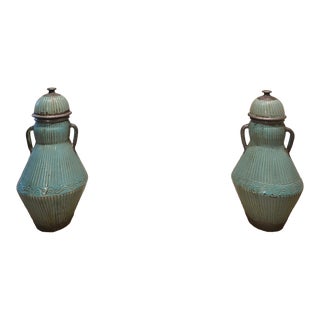 Vintage Pair of Moroccan Floor Vases With Handles and Domed-Lids For Sale
