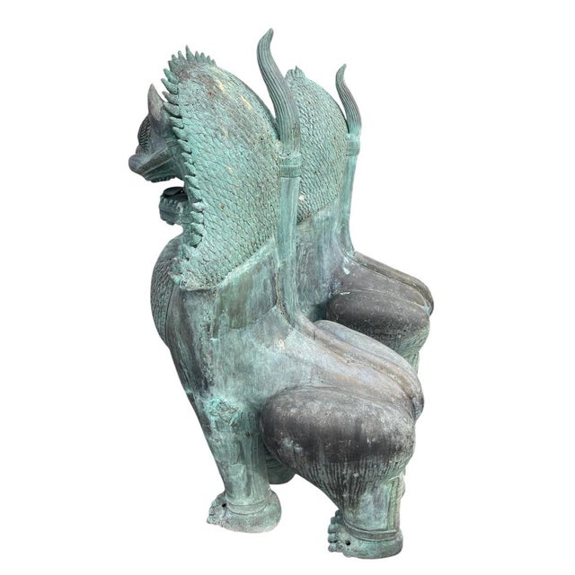 1990s 1990s Monumental Pair of Southeast Asian Verdigris Bronze Guardian Lion Statues For Sale - Image 5 of 12