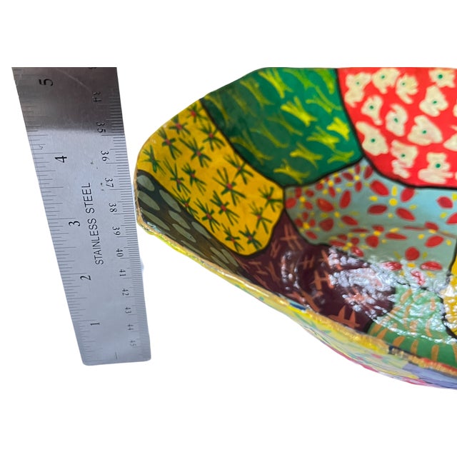Blue Large Hand-Painted Papier-Mâché Bowl – Postmodern / Memphis Style Patchwork – European Folk Modern For Sale - Image 8 of 8
