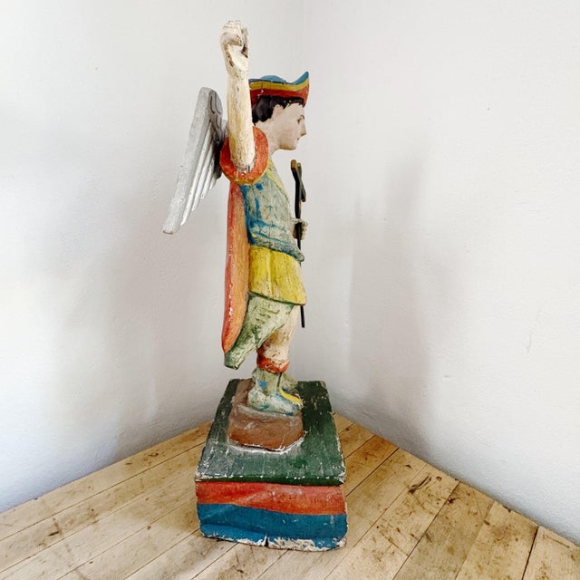 Weathered 19th Century Antique Wood Archangel Michael Primitive Religious Figurine For Sale - Image 4 of 14