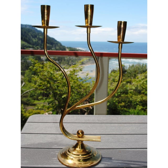 Mid 20th Century Modern Design Brass 3 Taper Candelabra For Sale - Image 4 of 9