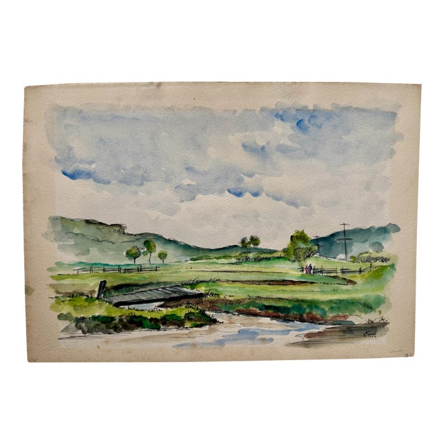 Henry Emil Salloch Original Watercolor on Paper Country Pasture, 1944. For Sale