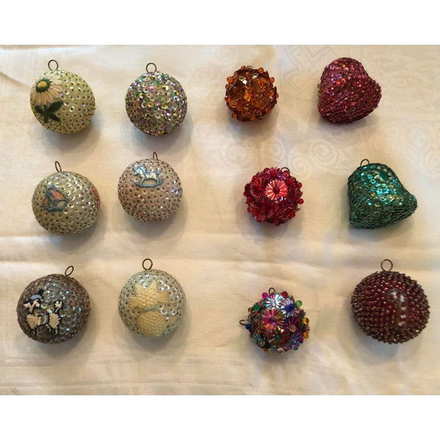 Mid 20th Century Vintage Handmade Beaded Christmas ornaments. Set of 12 3” ornaments. Really unique. 2 bells, 10 round....