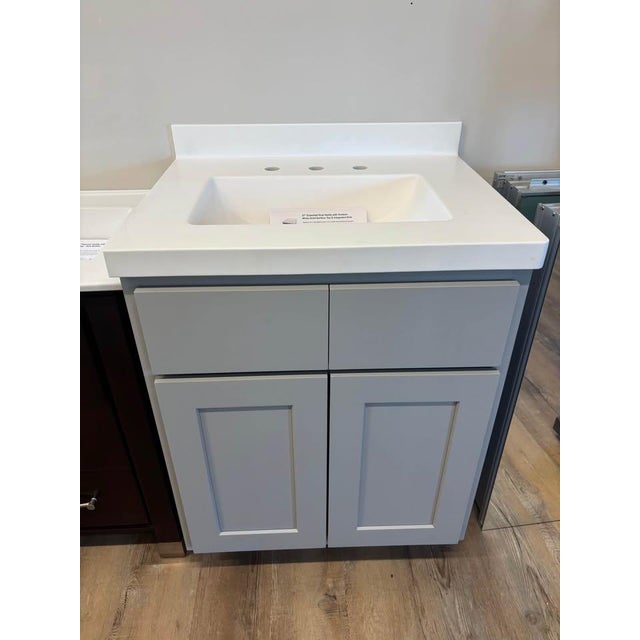 Contemporary 27" Corner Gray Vanity With Custom White Solid Surface Top & Integrated Sink For Sale - Image 3 of 3