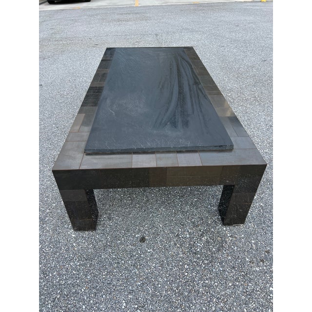 Paul Evans Brutalist Paul Evans Patinated Patchwork Coffee Table With Slate Top Signed For Sale - Image 4 of 11