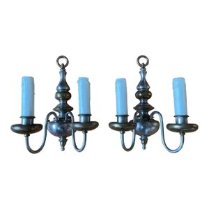 Vintage Nickel and Cast Brass American Colonial Wall Sconces - a Pair