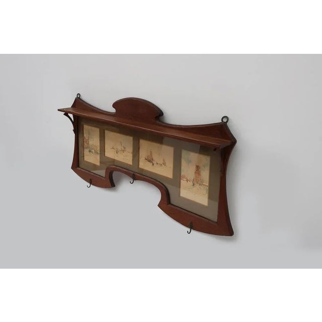 Beige Art Nouveau Wall-Mounted Coat Rack with Framed Watercolors from Cassier, Belgium, 1905 For Sale - Image 8 of 15