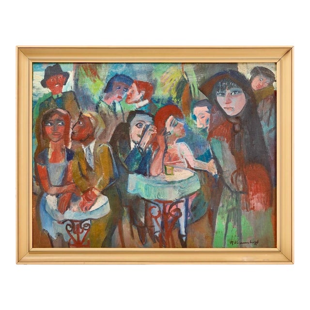 Bruno Krauskopf, German Expressionist Oil Painting Bruno Krauskopf Cubist Cafe Scene For Sale