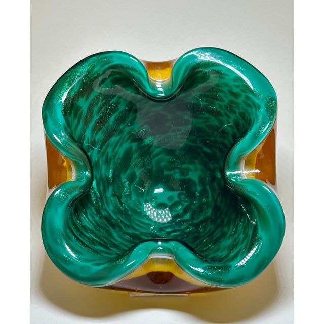 Mid-Century Modern Mid 20th Century Emerald Green & Yellow Murano Attributed Glass Dish/Ashtray For Sale - Image 3 of 6