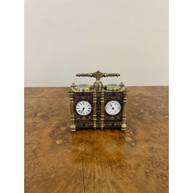 Edwardian Brass and Enamel Carriage Clock and Barometer, 1900s For Sale - Image 4 of 9