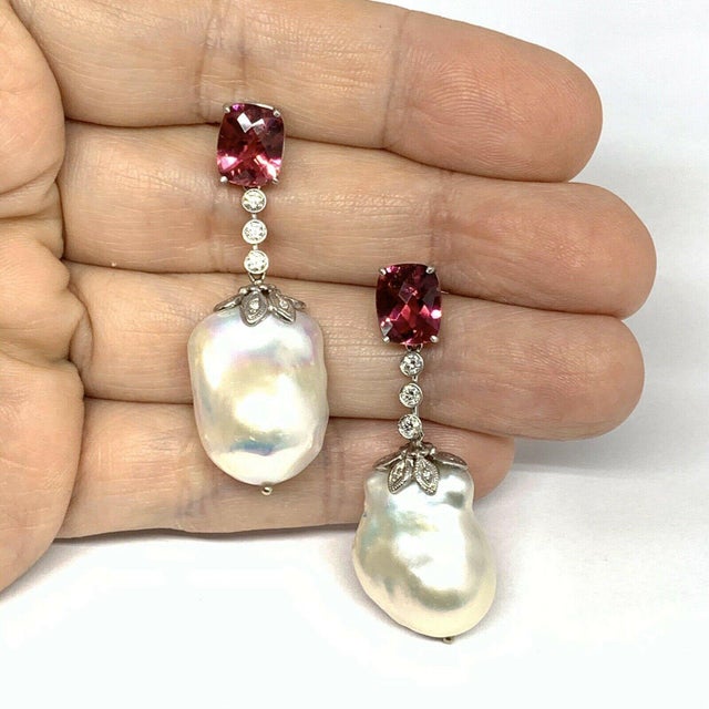 2010s Diamond Rubellite Tourmaline Pearl Earrings 18k Gold 6.25 TCW Certified For Sale - Image 5 of 12