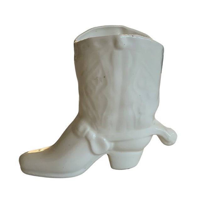 Rustic Vintage White Ceramic Cowboy Boot Vase For Sale - Image 3 of 8