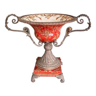 Late 20th Century Mark Roberts Footed Porcelain and Bronze Urn Bowl With Floral Motif For Sale