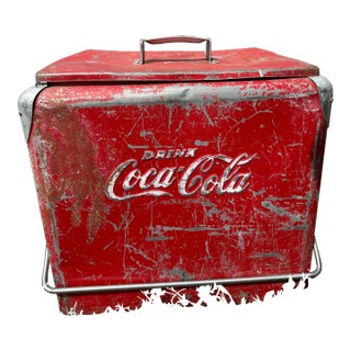 Vintage Coca-Cola Embossed Steel Picnic Cooler Progress Refrigerator Original For Sale