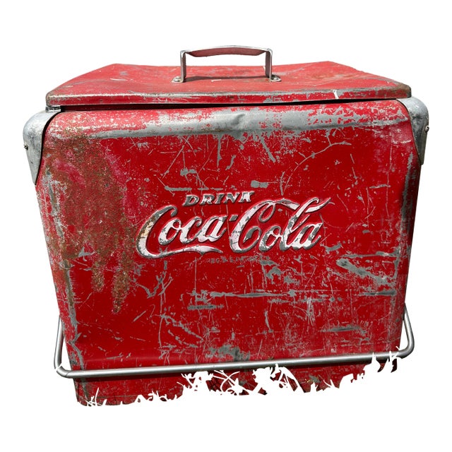 Vintage Coca-Cola Embossed Steel Picnic Cooler Progress Refrigerator Original For Sale