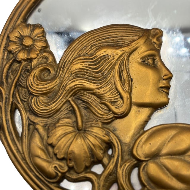 1910s Cast Brass Art Nouveau Round Wall Mirror With Ivy Lady Portrait For Sale - Image 4 of 8