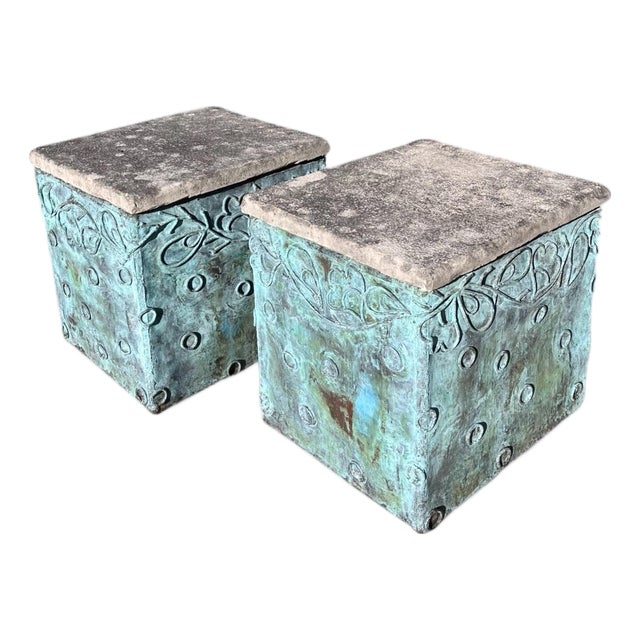 Late 20th Century Sculpted Verdigris Copper and Concrete Side Tables - A Pair For Sale