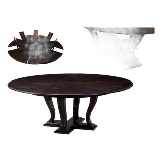64 to 84 Round Transitional Ebonized Oak Jupe Table With Self-Storing Leaves Seats 6-10 People For Sale