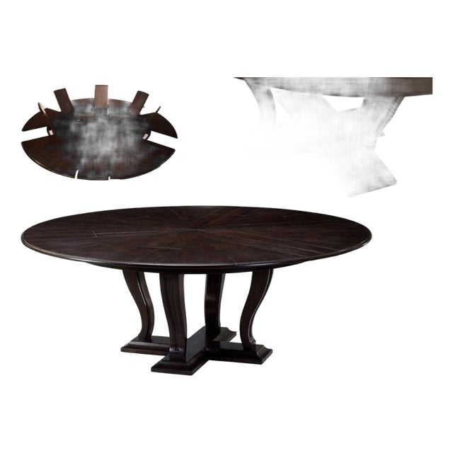64 to 84 Round Transitional Ebonized Oak Jupe Table With Self-Storing Leaves Seats 6-10 People For Sale