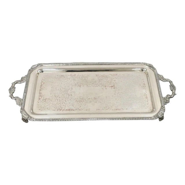 Vintage English Victorian Silver Plated Twin Handle Serving Platter Bar Tray For Sale