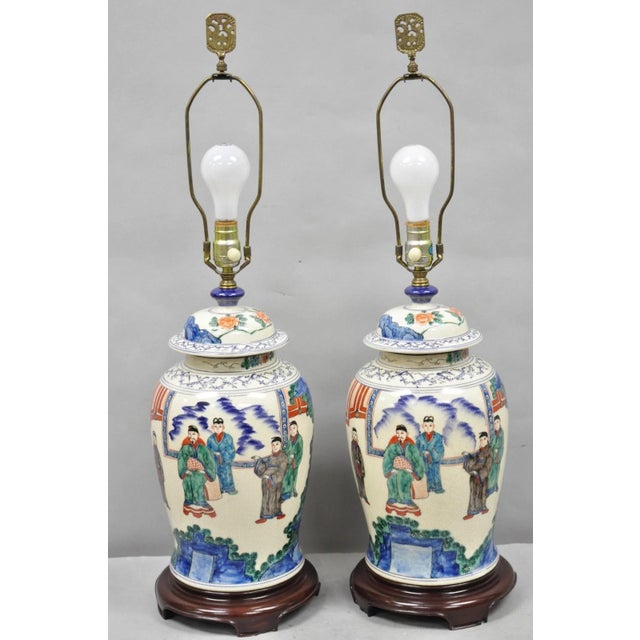 Vintage Chinoiserie Oriental Oatmeal Ginger Jar Ceramic Table Lamps - A Pair For Sale - Image 13 of 13