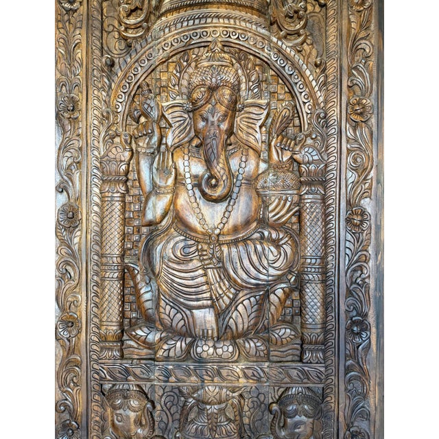 Wood Vintage Ganesha Carved Wooden Door Panel – Indian Spiritual Wall Sculpture Art 94x43 For Sale - Image 7 of 8