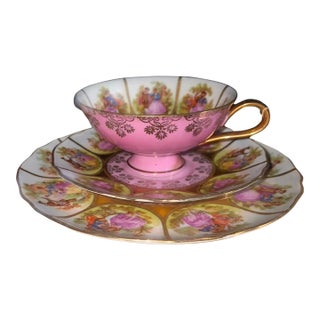 1920s Pink JKW Bavaria Love Story Tea Cup, Saucer and Salad Plate For Sale