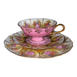 1920s Pink JKW Bavaria Love Story Tea Cup, Saucer and Salad Plate