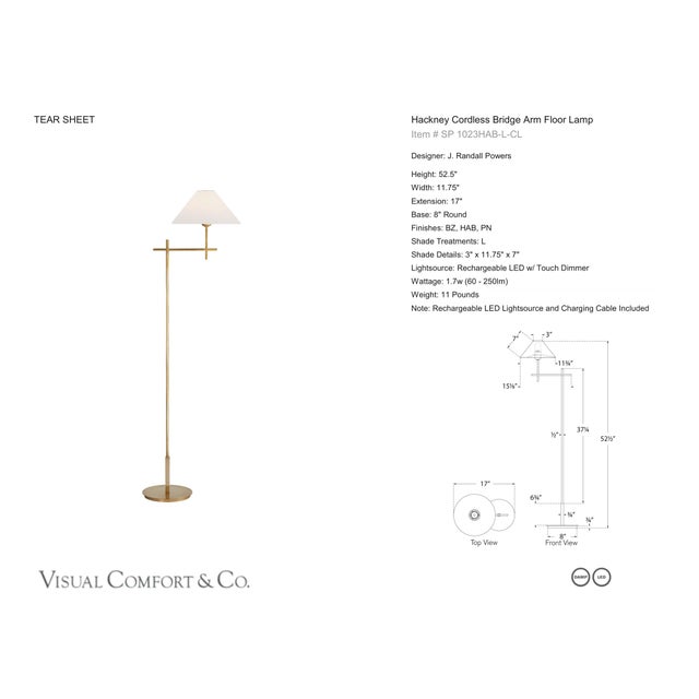 J. Randall Powers by Visual Comfort Signature Hackney Cordless Bridge Arm Floor Lamp in Hand-Rubbed Antique Brass with...