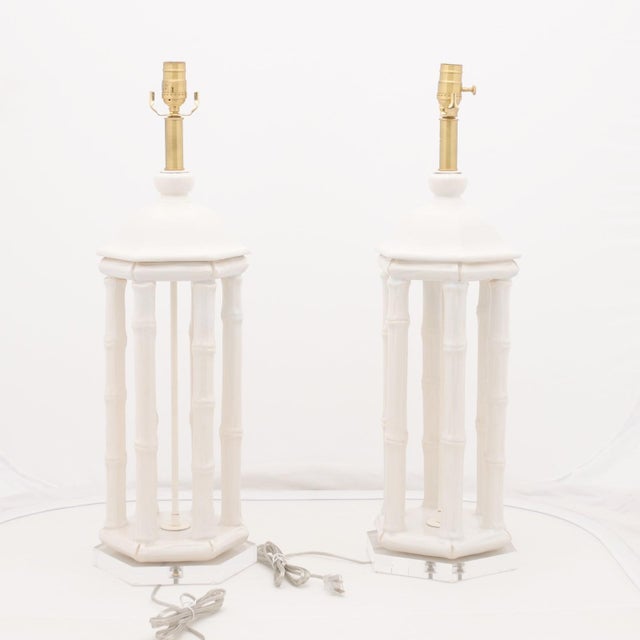 Metal Pair of Large Architectural Porcelain Bamboo Lamps C. 1960s For Sale - Image 7 of 12