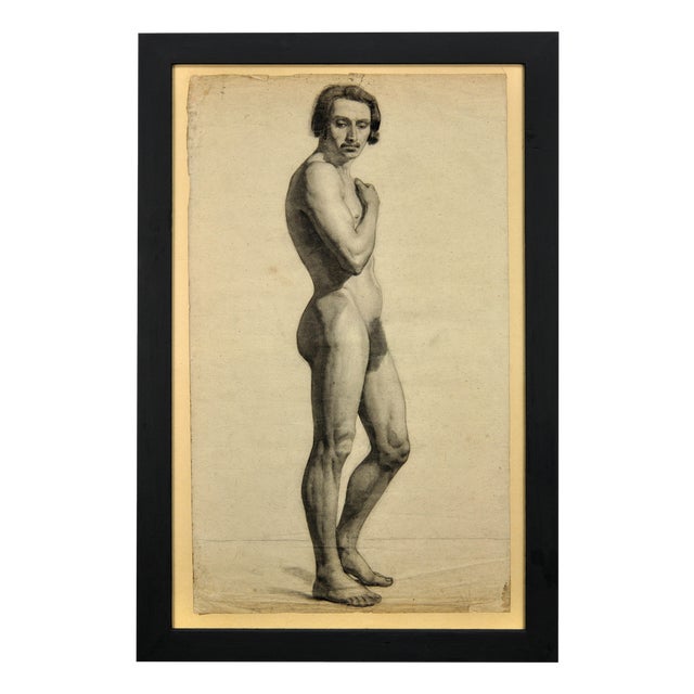 Henry Arthur Roberts after Drölling, Pre-Second Republic French Academy Life Study of Standing Male Nude, 1800s, Charcoal & Pencil on Paper For Sale