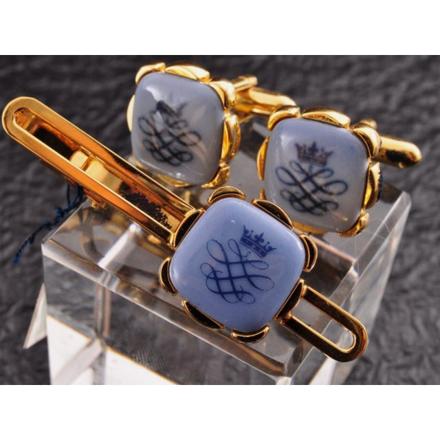 Contemporary Vintage Royal Danish Copenhagen Gold Plate & Porcelain Cufflinks Circa 1980 For Sale - Image 3 of 12