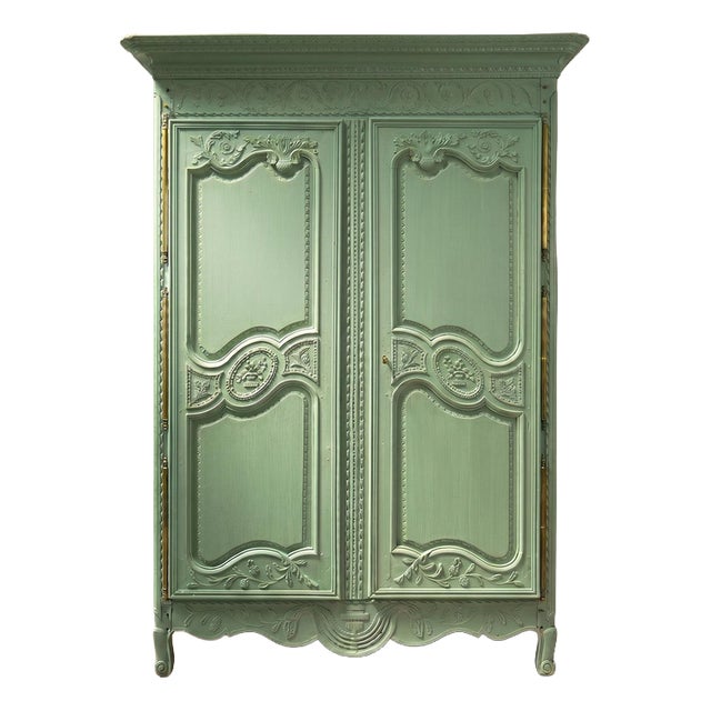 Early 19th Century French Pistache Green Marriage Armoire For Sale