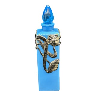 Antique Art Nouveau French Blue Glass Perfume Bottle Sterling Silver Overlay Belle Epoque Scent Bottle For Sale