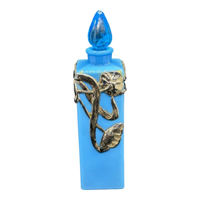 Antique Art Nouveau French Blue Glass Perfume Bottle Sterling Silver Overlay Belle Epoque Scent Bottle For Sale