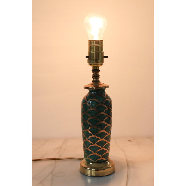 Vintage ceramic turquoise and gold enamel and brass petite accent table lamp. Wired and in working condition. Uses...