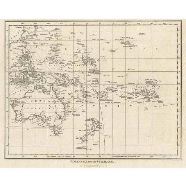 Antique map titled 'Polynesia and Australasia'. It shows Australia (New Holland), part of Asia, New Zealand and many...
