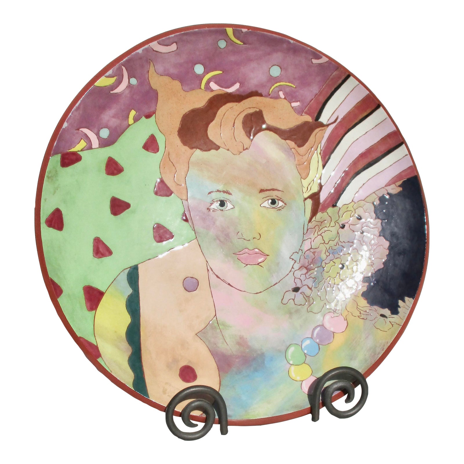 Enameled Hand Painted Red Clay Charger Lydia Gorski 1987 Chairish