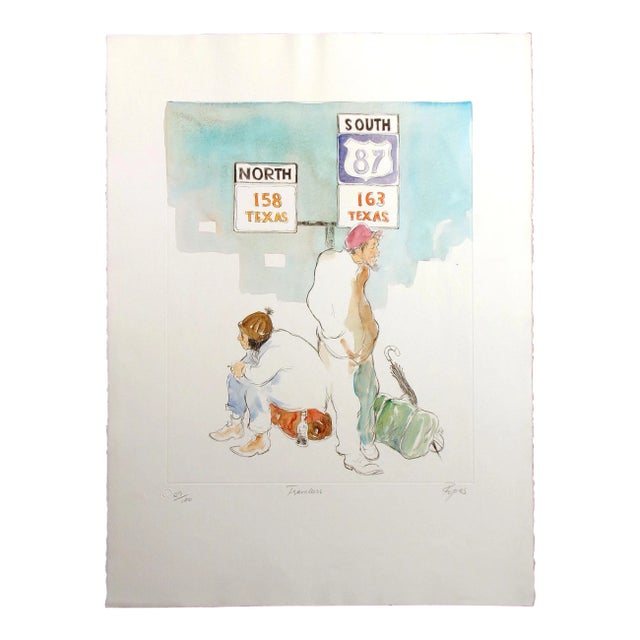 William Papas "Travellers" Hand Signed and Colored Etching With Watercolors For Sale