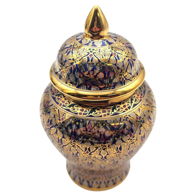Late 20th Century Thai Benjarong Hand-Painted Gilt Porcelain Covered Jar 6.6" For Sale - Image 14 of 17