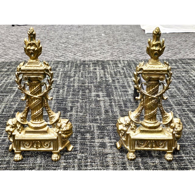 Pair Antique French Neoclassical Cast Brass Andirons For Sale - Image 10 of 12