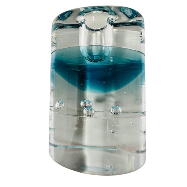 Vintage Iittala Arktia Glass Candle Holders Pair - Designed by Timo Sarpaneva - Finland 1980s Art Glass - Blue Core & Bubbles With Original Label For Sale - Image 9 of 10