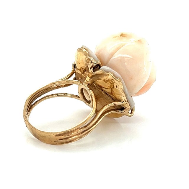 Contemporary Pink Coral Carved Rose 14k Yellow Gold Ring - Size 8 For Sale - Image 3 of 7