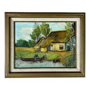 1960's Syc G. Impressionist Lakeside Cottage Landscape Oil Painting, Framed