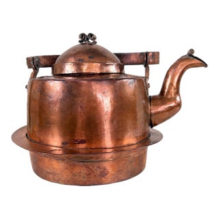 19th-Century Hand-Hammered All-Copper Kettle With Hinged Spout Cover For Sale