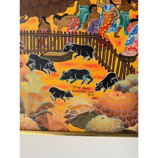 Vintage Bali Folk Art “Niwg Jagri Peneslanan Klod Ubud Bali” Oil on Canvas Painting – Framed For Sale - Image 11 of 13