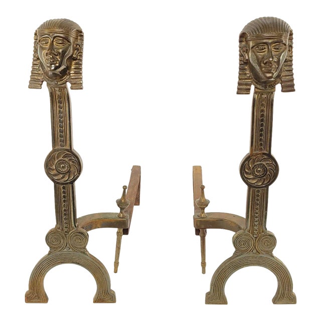 Egyptian Revival Brass Andirons, Circa 1880 For Sale