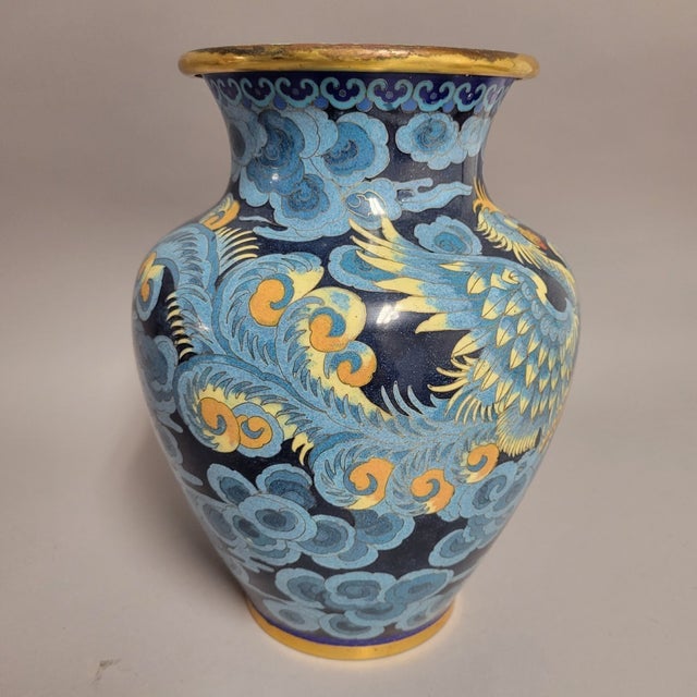 Chinese Cloisonné Vase With Dragon and Phoenix on Blue Ground, Mid-20th Century For Sale In Raleigh - Image 6 of 13