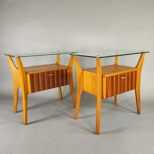 Pair of vintage bedside tables attributed to Gio Ponti for La Permanente del Mobile di Cantù. Maple wood frame and a...