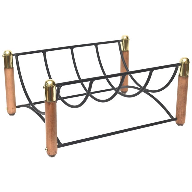 Vintage Wood, Iron and Brass Magazine or Fireplace Log Rack Mid Century Modern For Sale - Image 10 of 10